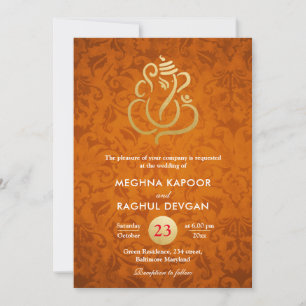 Invitation Ganesha/Indian Faux Gold Foil Orange Damas