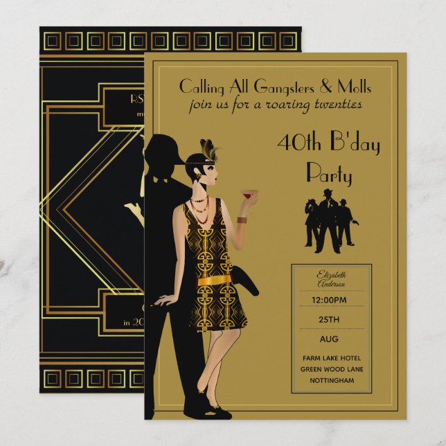 Invitation Gangster Moll 1920 Flapper Gatsby BlackGold Party (Devant / Derrière)
