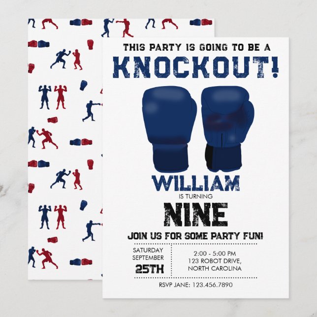 Invitation Gants de boxe bleue Anniversaire de enfant Party K (Devant / Derrière)