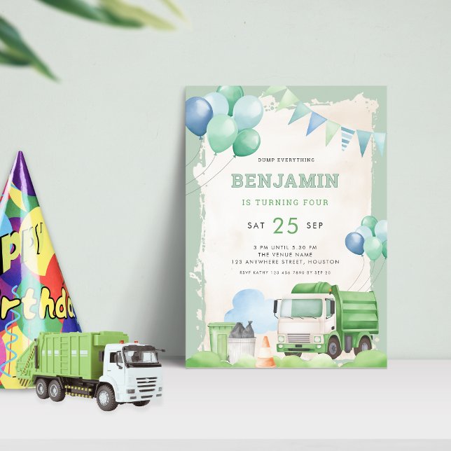 Invitation Garbage Truck 4e anniversaire fête Sage Green (Créateur téléchargé)