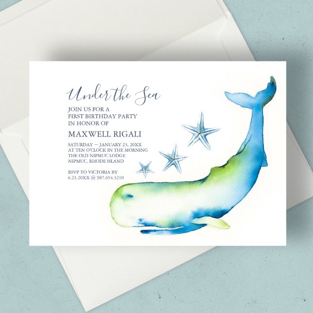 Invitation Garçon 1er Anniversaire Aquarelle Baleine Estarfis (1st birthday under the sea watercolor whale and starfish nautical blue)