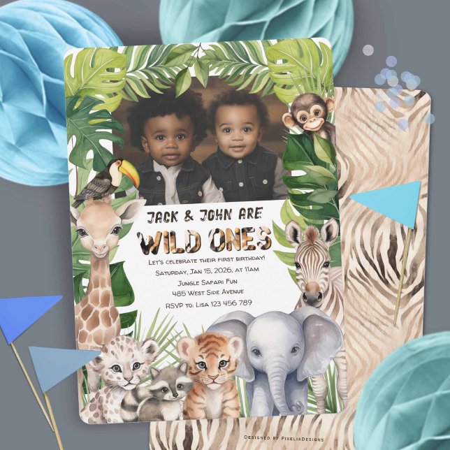 Invitation Garçon 1er anniversaire Wild One Twins Photo anniv (Twins first birthday invites, wild one jungle safari themed invites.)