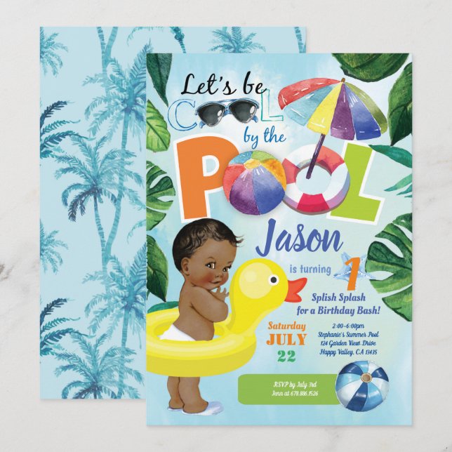 Invitation Garçon 1er premier anniversaire piscine fête tropi (Devant / Derrière)