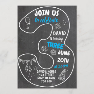 Invitation Garçon 3e anniversaire Chalkboard Numéro bleu