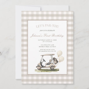 Invitation Garçon Anniversaire Gingham Golf Cart Neutre