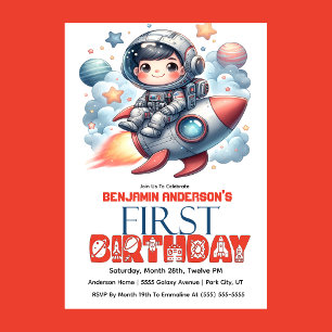 Invitation Garçon astronaute de fusée, 1er anniversaire