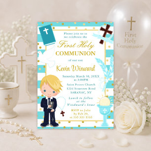 Invitation Garçon aux cheveux blonds rayure bleue Première co