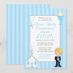 Invitation Garçon aux Cheveux Blonds Rayures Bleue