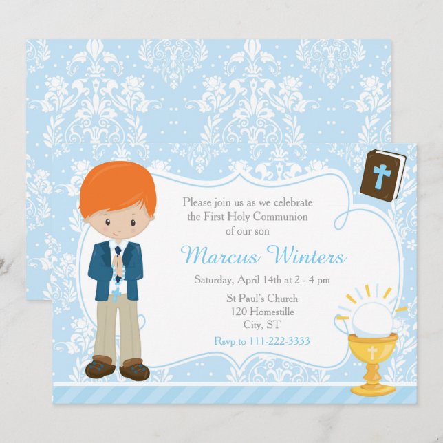 Invitation Garçon aux cheveux roux Première communion damassé (Devant / Derrière)