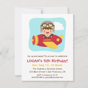 Invitation Garçon Aviateur Mignon Fête d'Anniversaire d'Avion