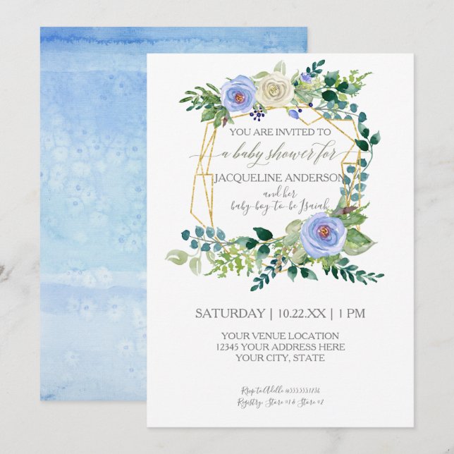 Invitation Garçon Baby shower Bleu Roses Blancs Aquarelle Wre (Devant / Derrière)