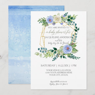 Invitation Garçon Baby shower Bleu Roses Blancs Aquarelle Wre