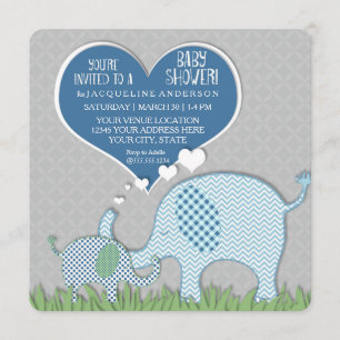 Invitation Garçon Baby shower Heart Elephants Retro Moderne