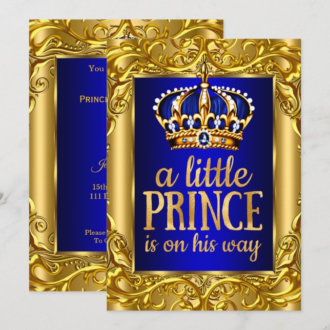 Invitation Garçon Baby shower Royal Prince or bleu (Devant / Derrière)