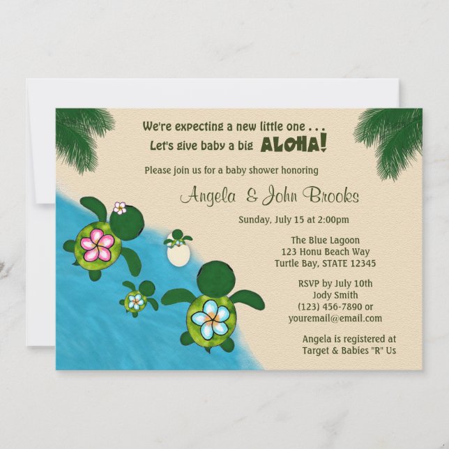 Invitation GARÇON Baby shower TORTLE DE Mer Famille BLUE Honu (Devant)