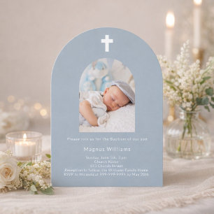 Invitation Garçon baptême arche photo bleu poussiéreux