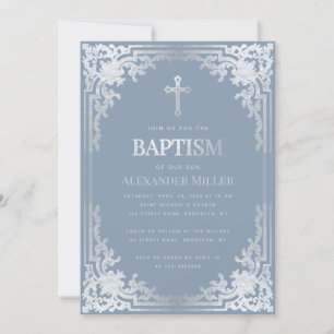 Invitation Garçon Baptême Bleu Poussiéreux Élégant Faux Argen