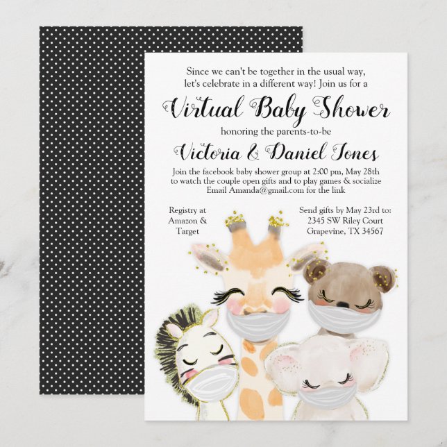 Invitation Garçon Bébé Animaux Masque Covid Drive Par Baby sh (Devant / Derrière)