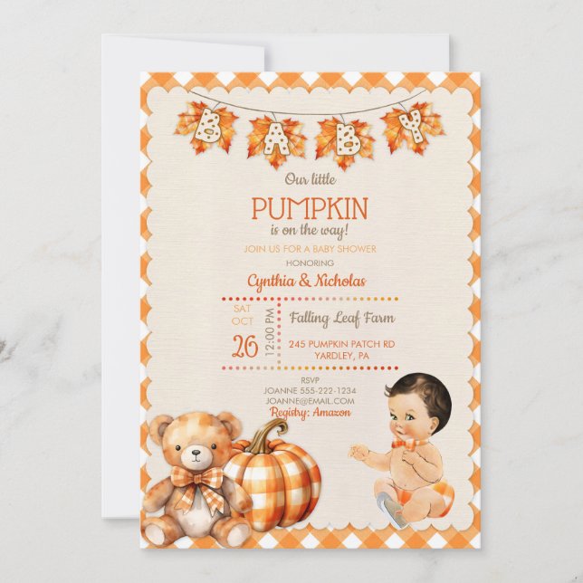 Invitation Garçon Bébé Automne Carreaux Ours en Peluche Citro (Devant)