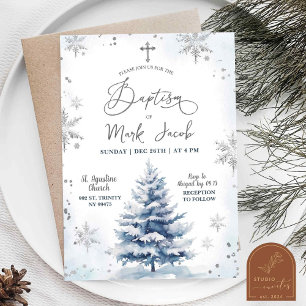 Invitation Garçon bleu hiver enneigé Noël Jour de baptême