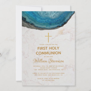 Invitation Garçon bleu Première Communion Géode Marbre Croix 