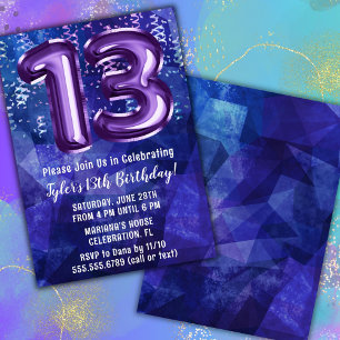 Invitation Garçon bleu violet 13e anniversaire