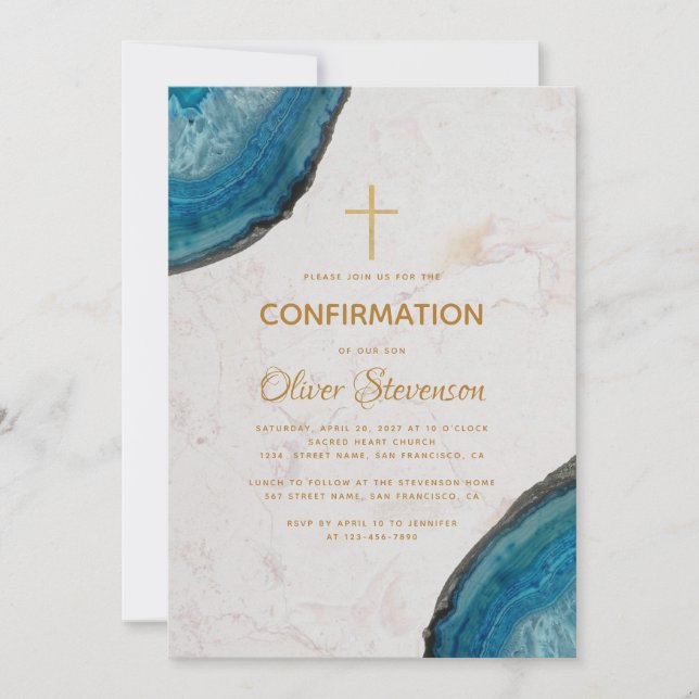 Invitation Garçon Confirmation Bleu Géode Agate Croix Or (Devant)