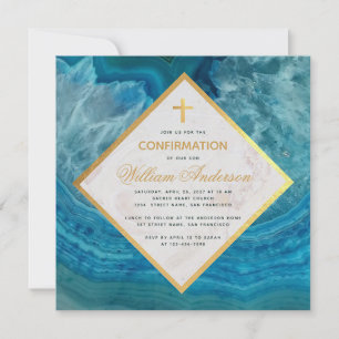 Invitation Garçon Confirmation Bleu Geode Marbre Croix Fausse