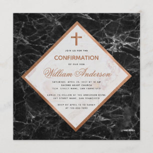 Invitation Garçon Confirmation Marbre Blanc Cuivre Écriture