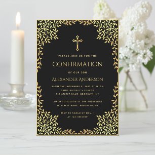 Invitation Garçon Confirmation Noir Feuilles Dorées Fausse Re