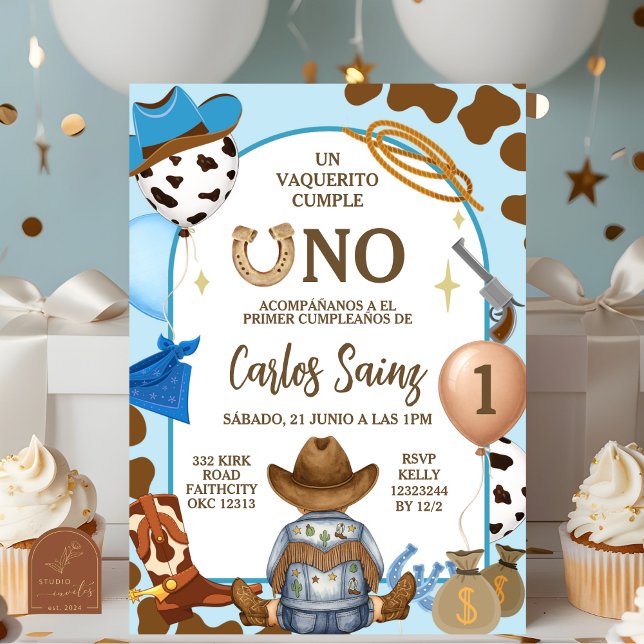 Invitation Garçon Cowboy Bleu Espagnol Premier Anniversaire (Créateur téléchargé)