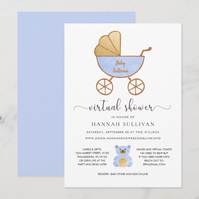 Invitation Garçon de Baby shower virtuel | Retro Carriage Blu (Devant / Derrière)