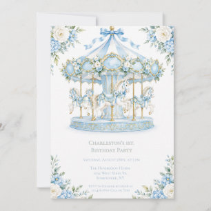 Invitation Garçon de carrousel aquarelle bleue 1er anniversai