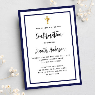 Invitation Garçon de confirmation bleu marine blanc