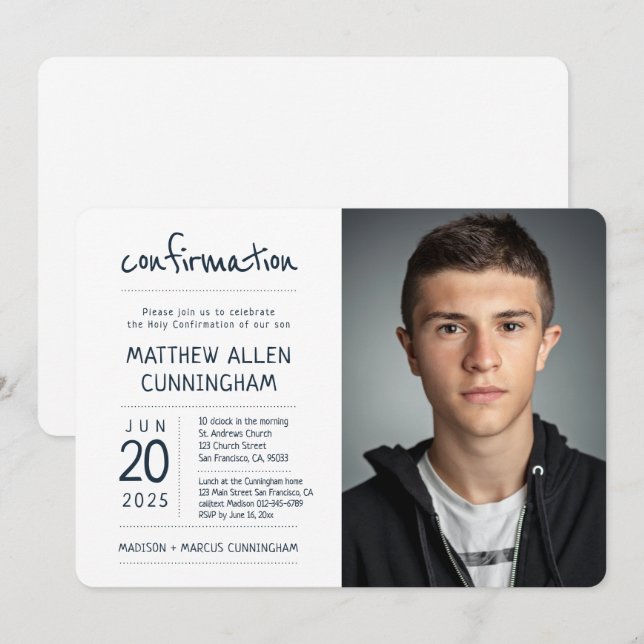 Invitation Garçon de confirmation| Moderne + Simple Photo (Devant / Derrière)