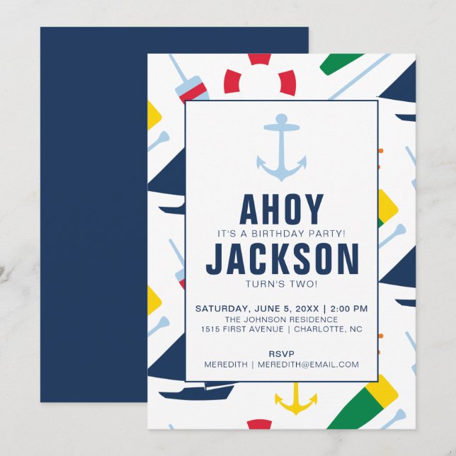 Invitation Garçon de la fête d'anniversaire de Preppy Nautica (Devant / Derrière)