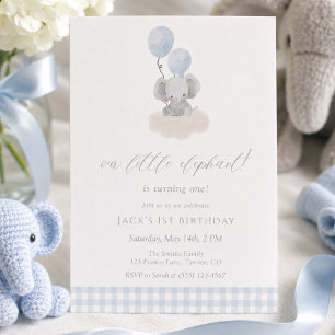 Invitation Garçon éléphant à carreaux bleus pour son premier 