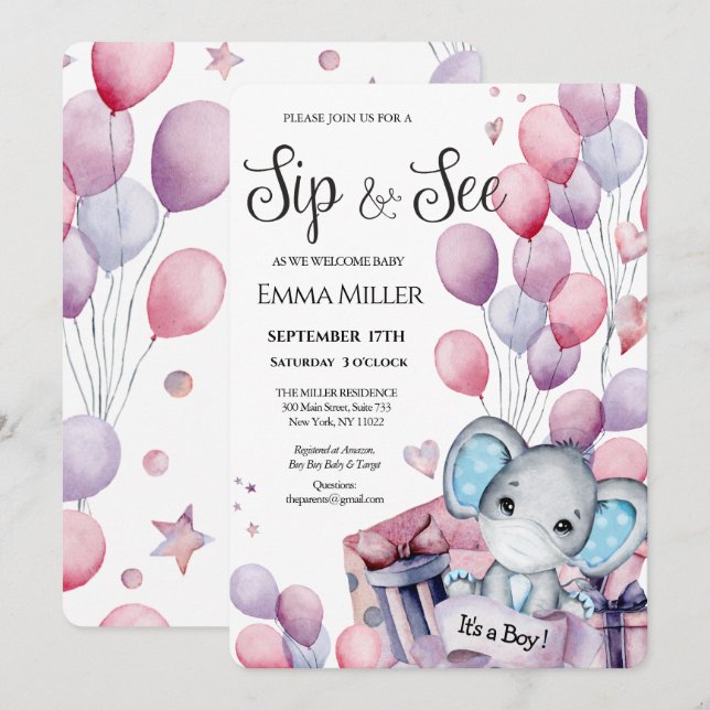 Invitation Garçon Eléphant Ballons rose Bébé Sip et voir (Devant / Derrière)