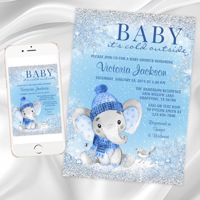 Invitation Garçon éléphant bébé son Baby shower extérieur fro (Boy winter wonderland baby shower invitation with cute winter elephant on a snowflake background.)