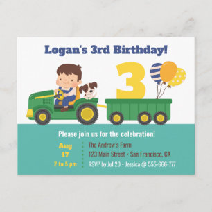 Invitation Garçon et chien sur tracteur avec ballons Annivers