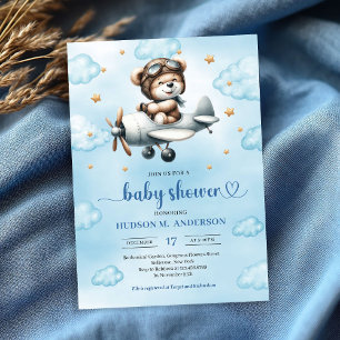 Invitation Garçon Fête de Naissance Ours en Peluche Pilote Bl