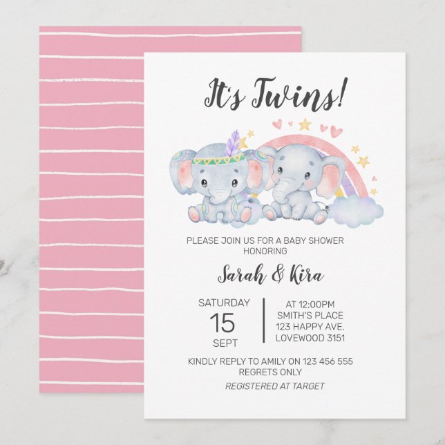 Invitation Garçon fille aquarelle Elephants Baby shower jumea (Devant / Derrière)