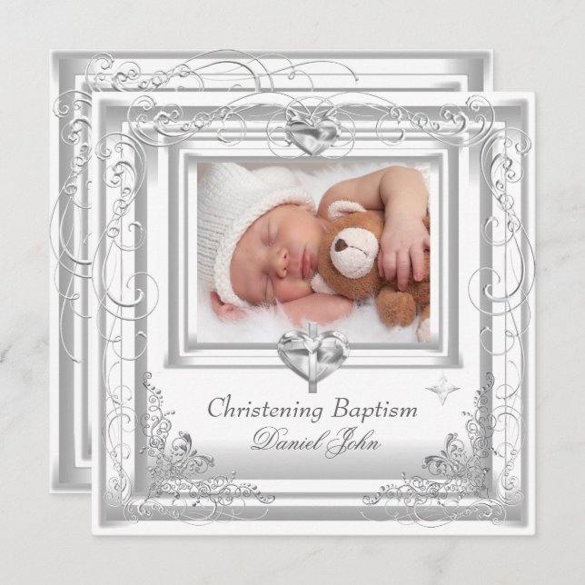 Invitation Garçon Fille Blanc Baptême Croix (Devant / Derrière)