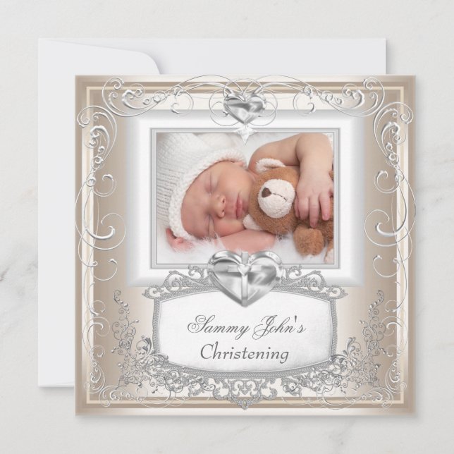 Invitation Garçon Fille Crème Christening Baptême Croix (Devant)
