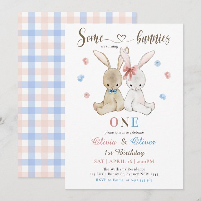 Invitation Garçon Fille Jumeaux Quelques lapins 1er anniversa (Devant / Derrière)