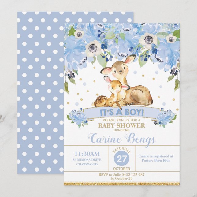 Invitation Garçon floral d'invitation de baby shower de cerfs (Devant / Derrière)