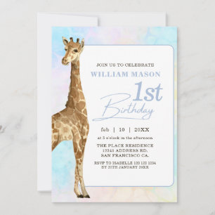 Invitation Garçon Girafe Mignon 1er Anniversaire Bleu