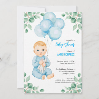 Invitation Garçon mignon eucalyptus moderne ballons bleus 