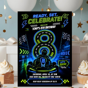 Invitation Garçon Neon Bleu Vert Course 8ème Anniversaire