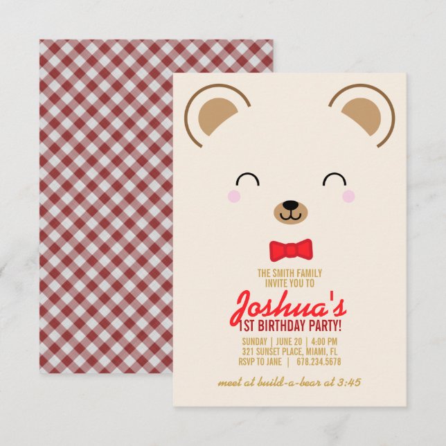 Invitation garçon N'IMPORTE QUEL ÂGE ENFANT OURS PICNIC fête  (Devant / Derrière)